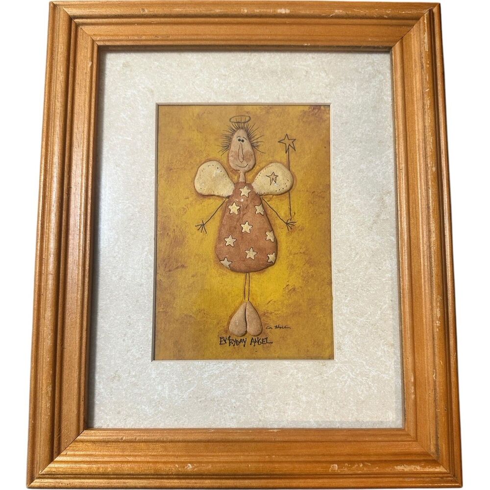 Primitive Everyday Angel Signed Painting Mixed Media Folk Art In 12x10 VTG Frame